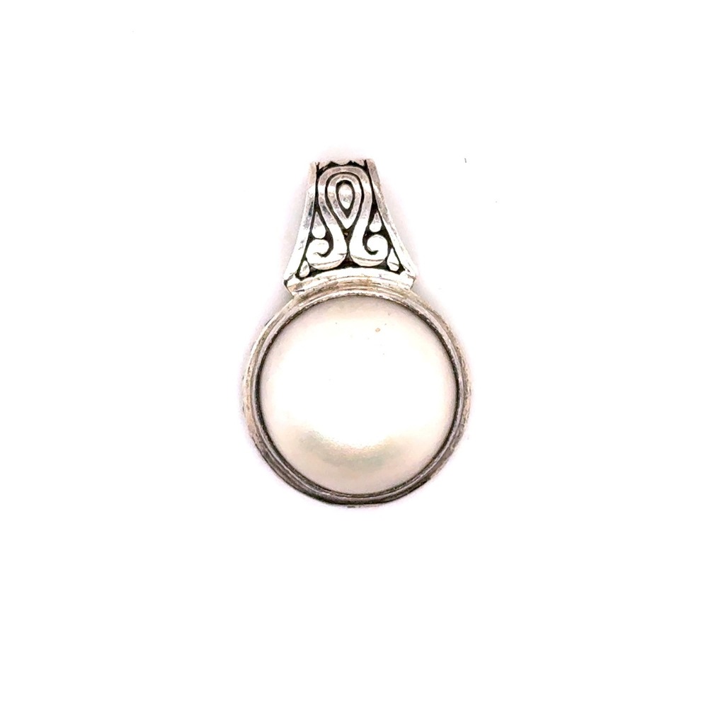 Sterling Silver Mabe Pearl Filigree Pendant 925 Round Iridescent 6.2g